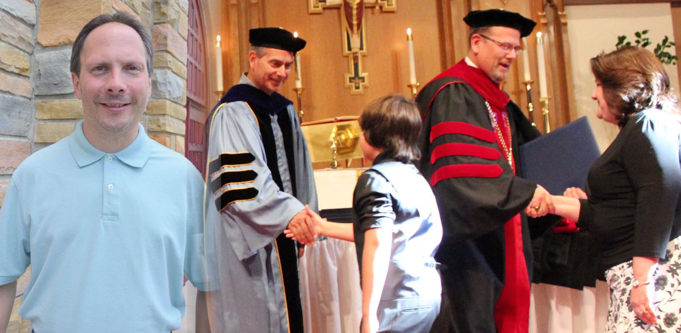 Chris Antill portrait superimposed on family receiving diploma